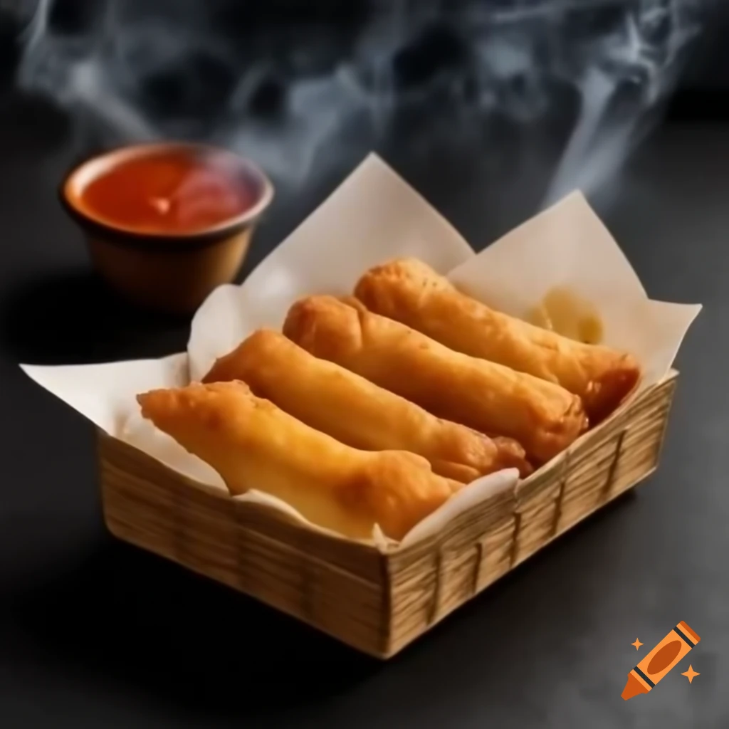 Crispy fried spring rolls in a basket with chicken sauce and steam