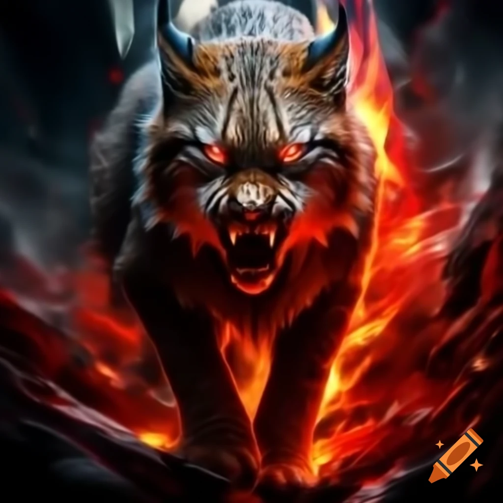 Photorealistic lynx with fiery red eyes emerging from swirling red flames