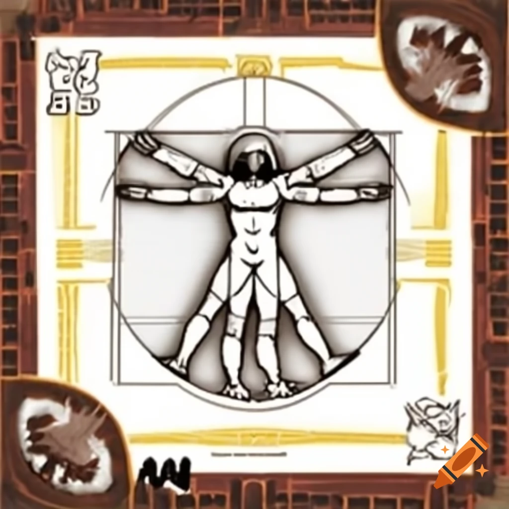 Monochrome ink drawing of Vitruvian BadgerMan, hybrid creatures with outstretched limbs