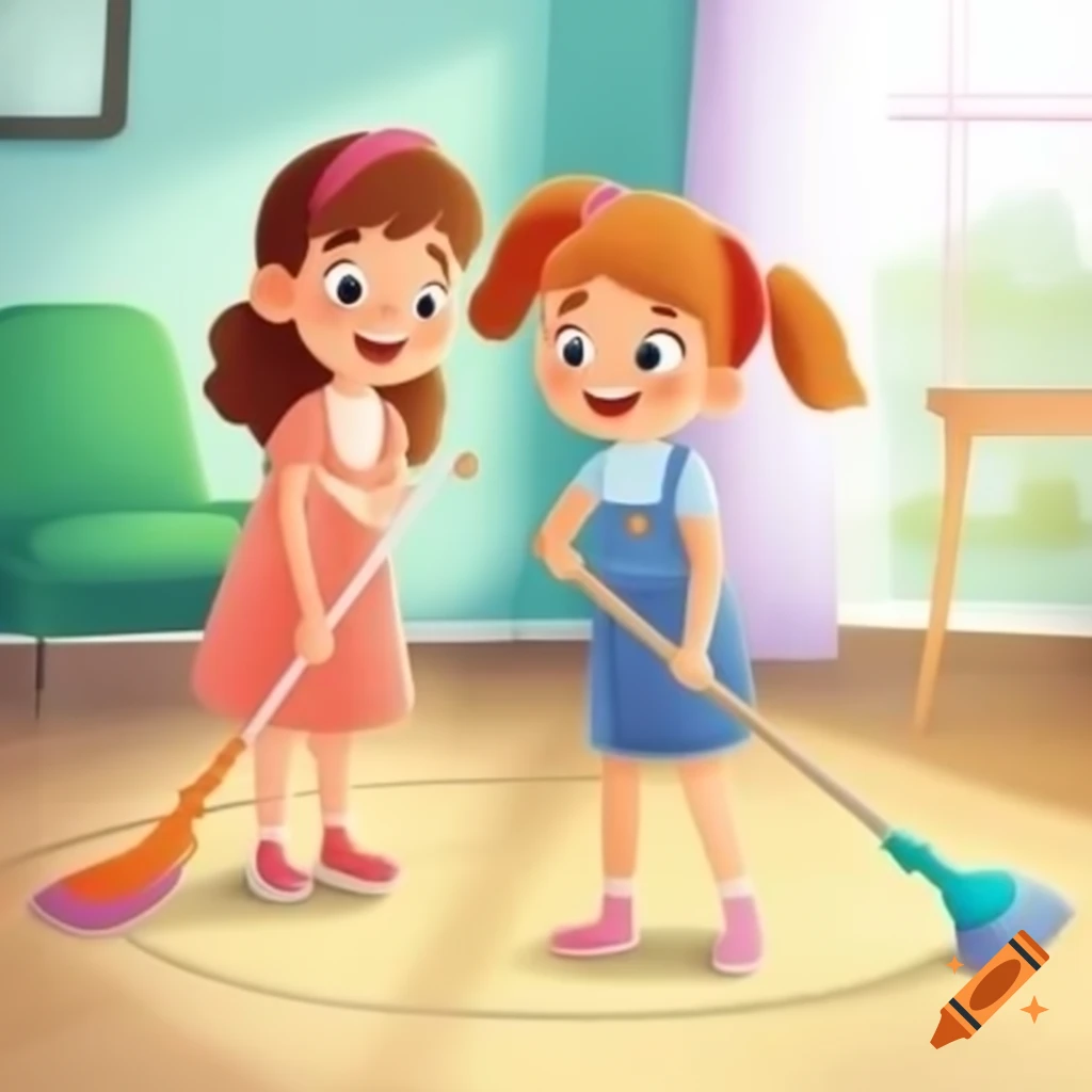 Two girls cleaning floor with mops