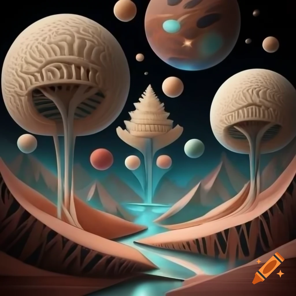 Intricate paper cut landscape featuring detailed space trees