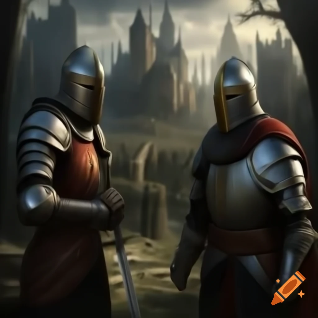 Portraits of knights conversing in a wooded area near a medieval city, dark fantasy style