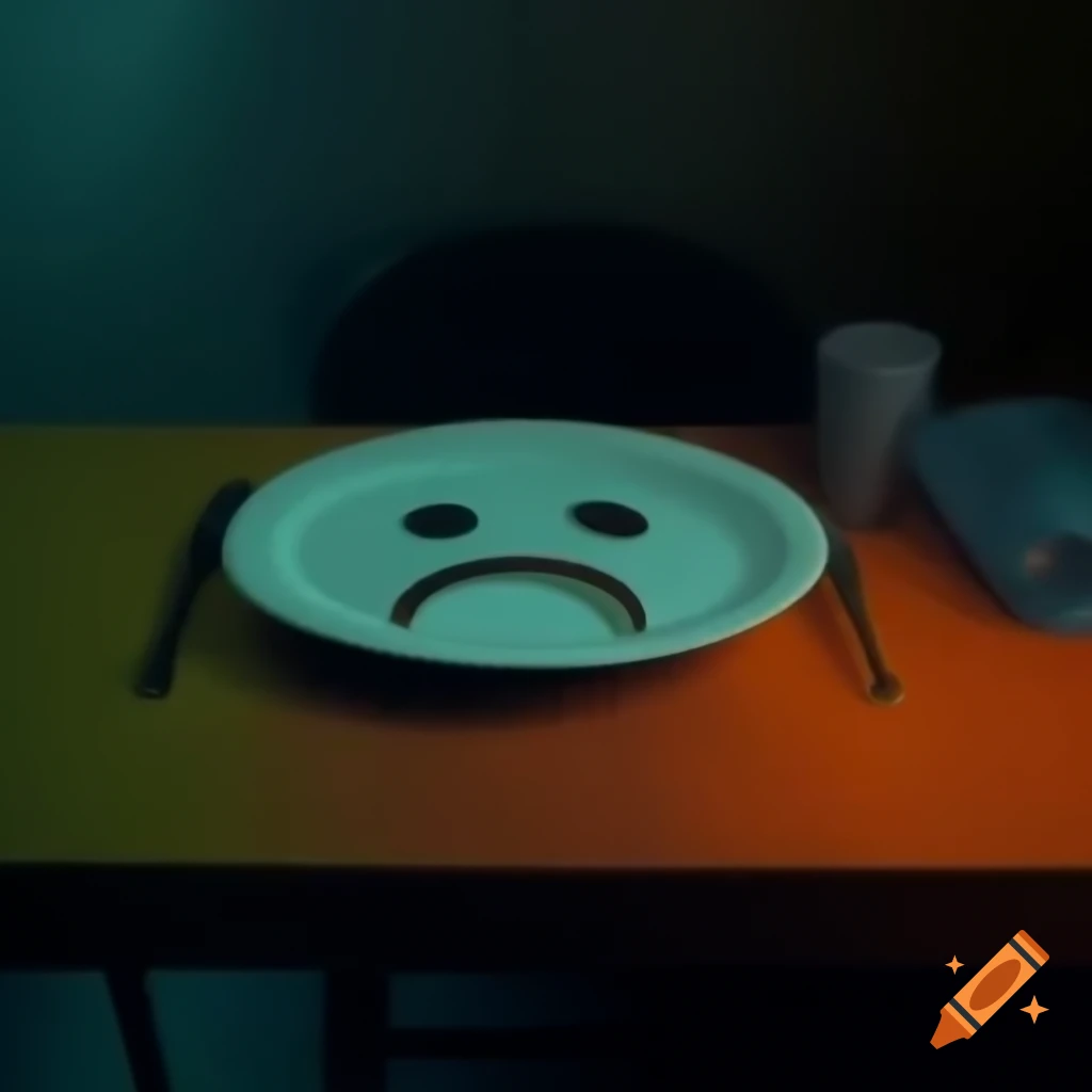 Empty plate with a sad face drawn in dimly lit moody setting, realistic style