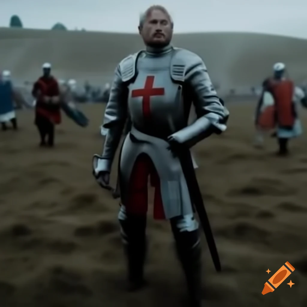 Medieval knight standing in a field post-battle