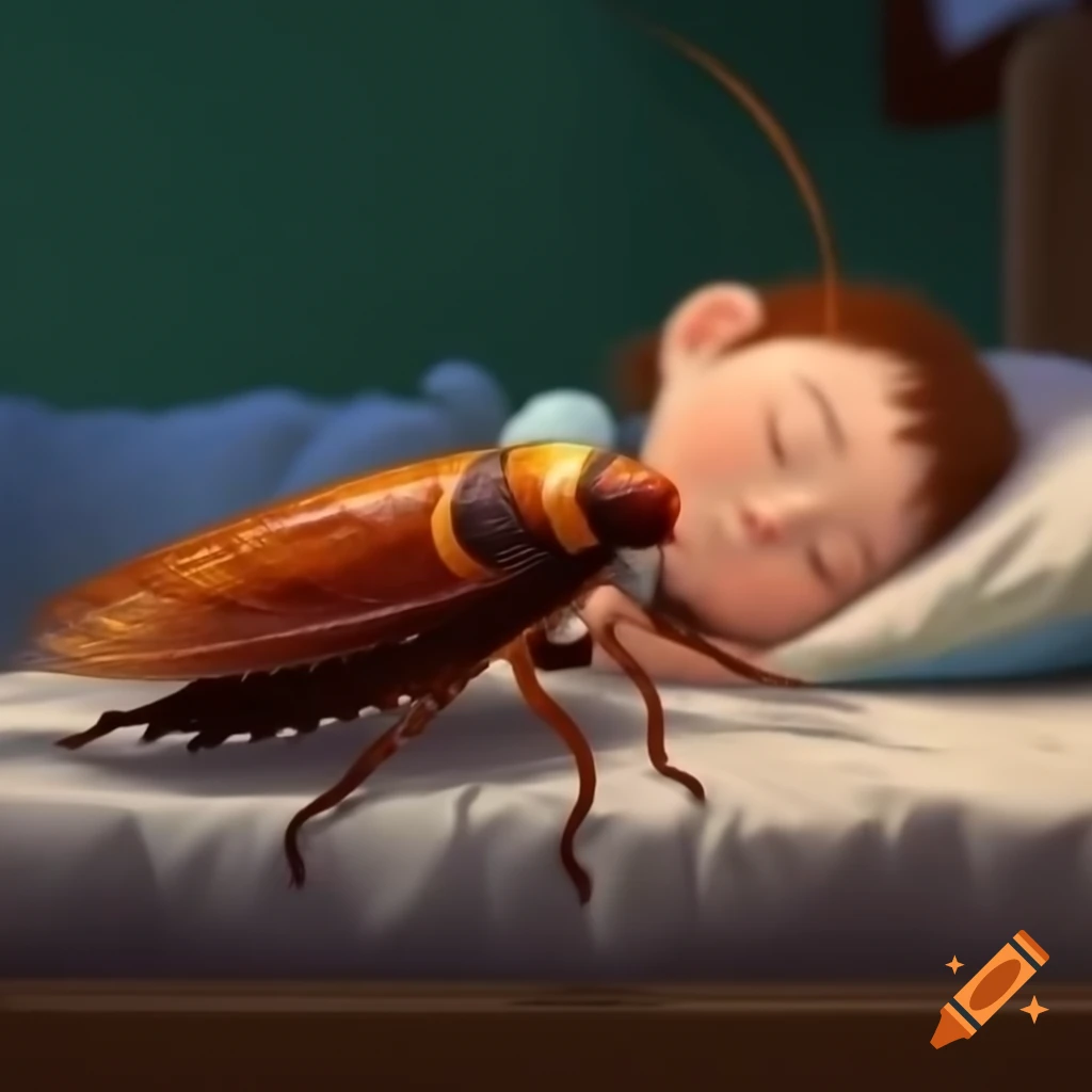 Cockroach on bed near sleeping child