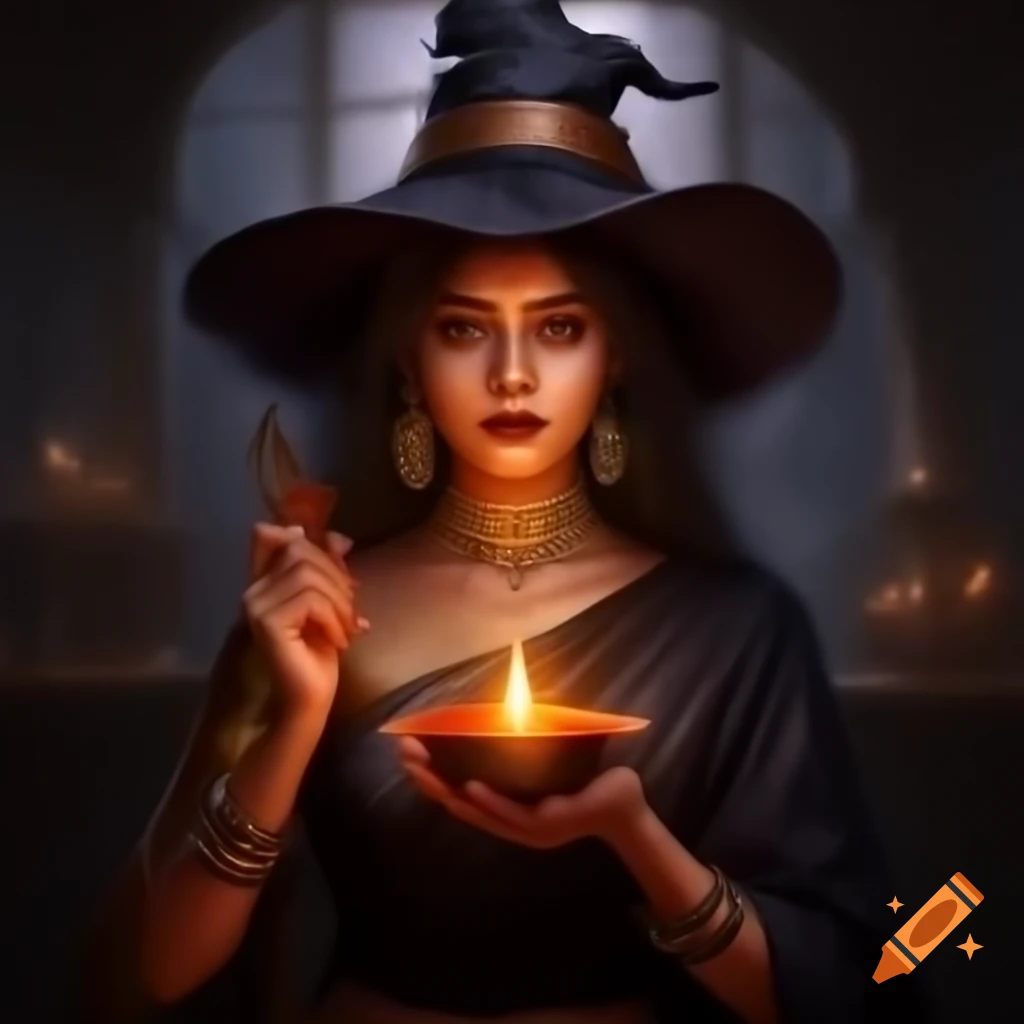 Witch in saree holding diya