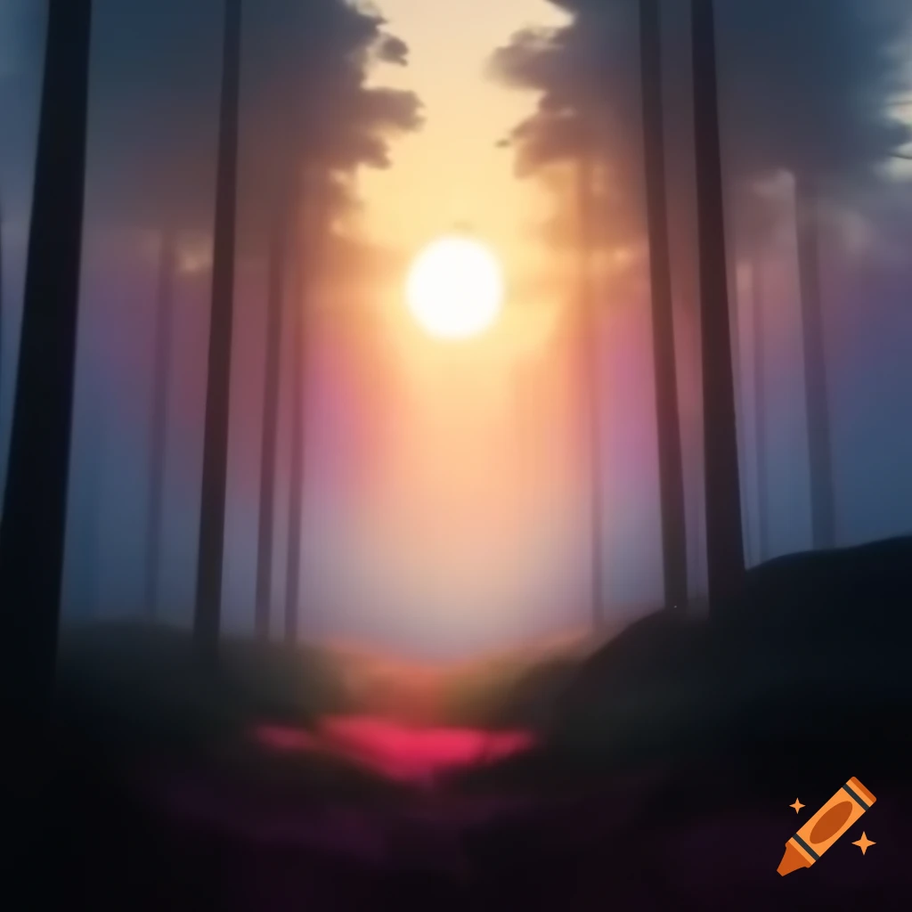 Fog-covered forest at dawn with shadowy trees and glowing cherry blossom tree