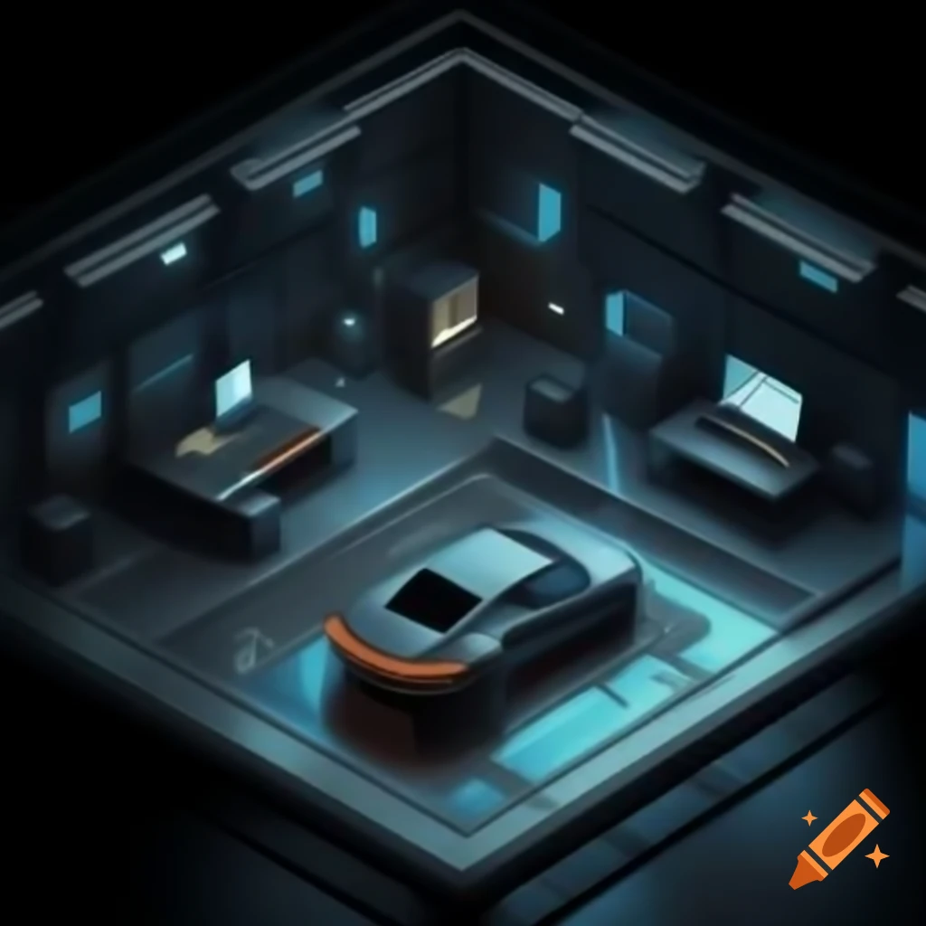 High-tech secret parking facility inspired by Batman with holographic displays