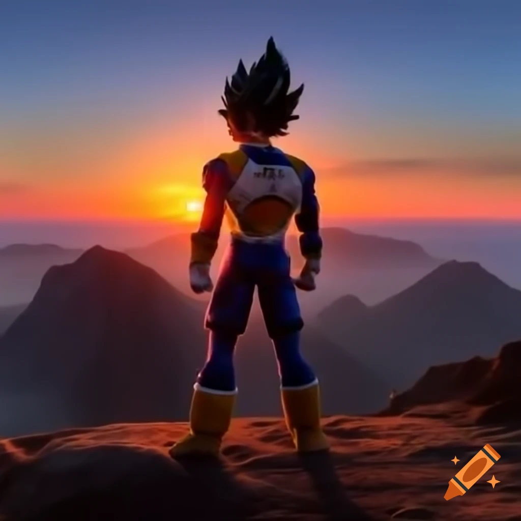 Vegeta on mountain during sunset in 80's rock album style