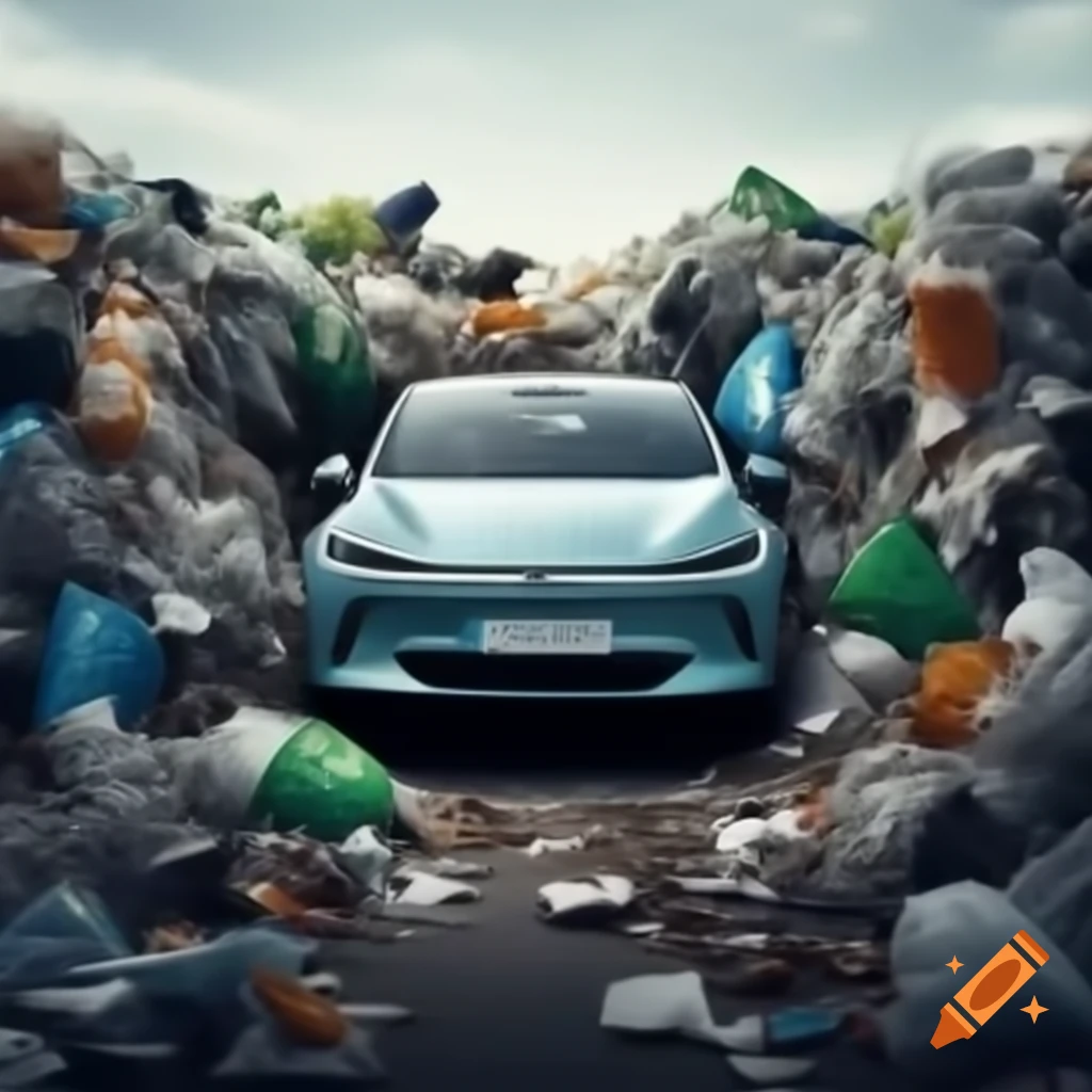 Electric car among scattered garbage materials