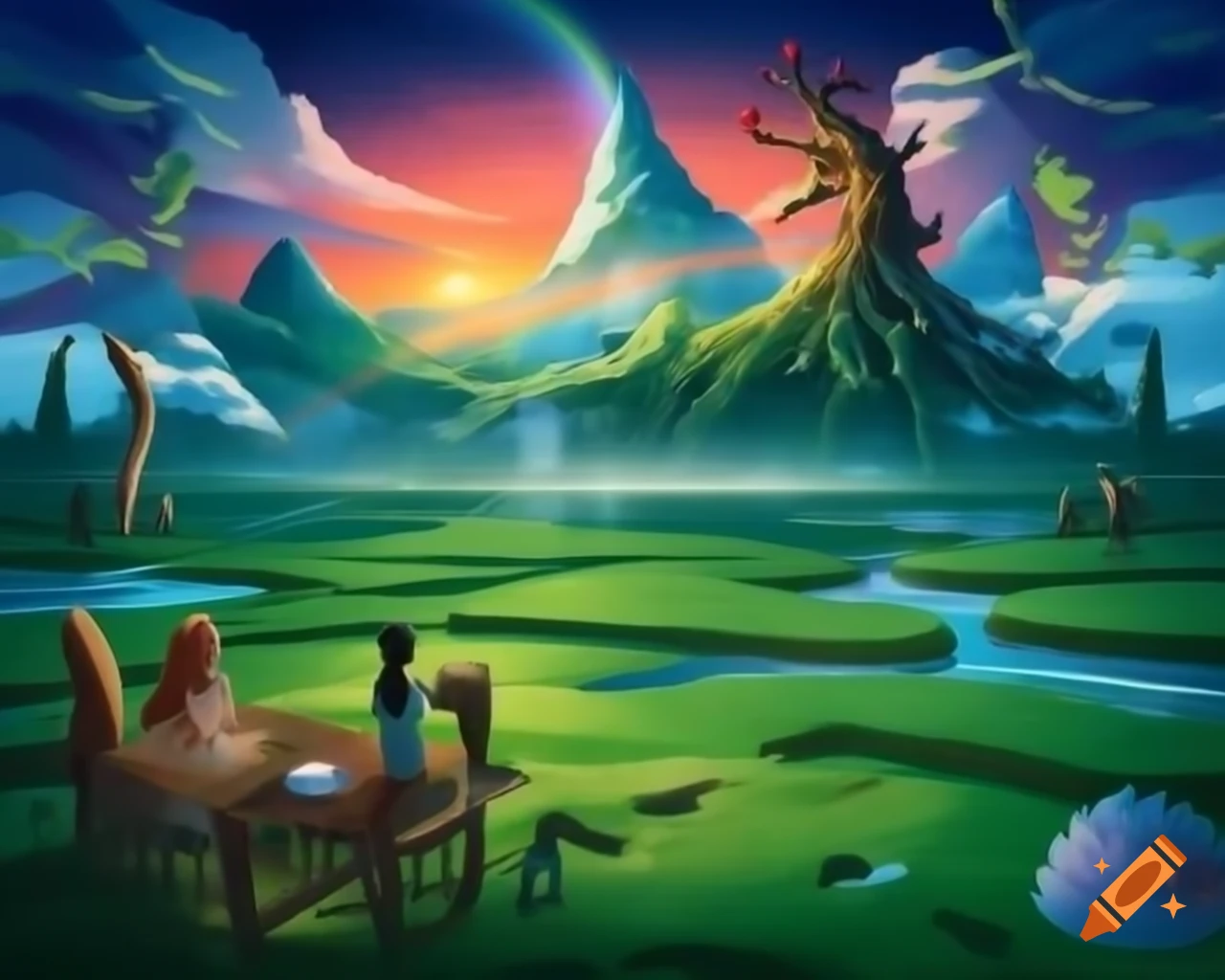 Three friends exploring secrets in an enchanting forest on craiyon