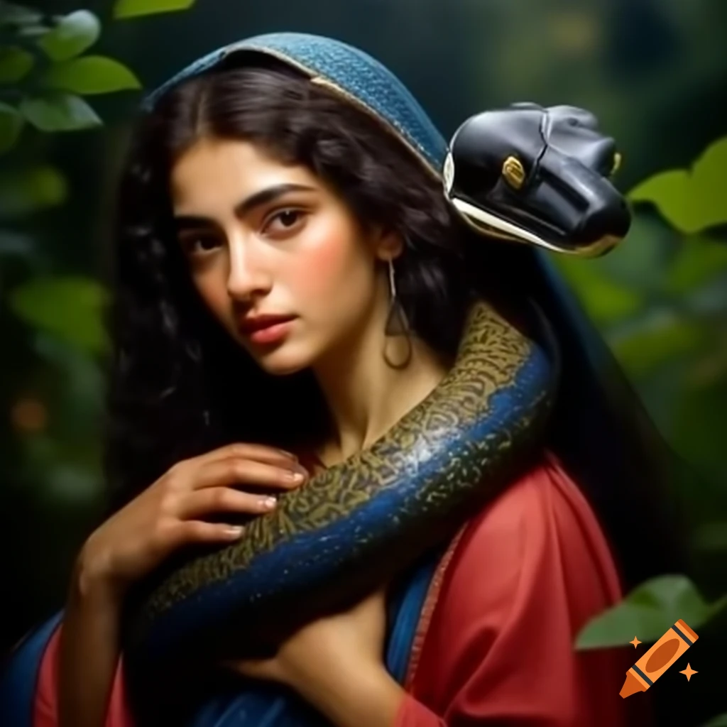Virgin Mary Magdalene in lush garden with living snake, colorful attire