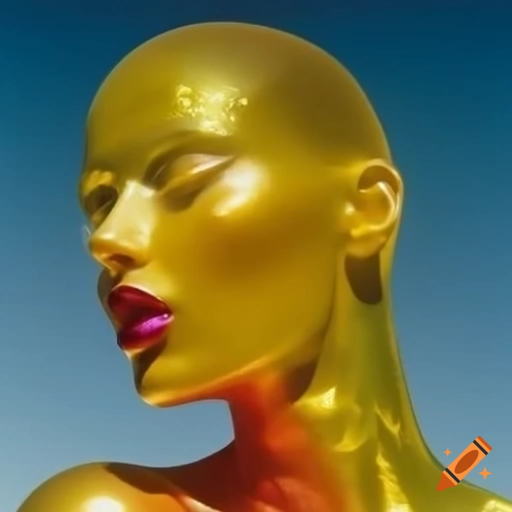 Pop surreal photography featuring iridescent yellow glass statue