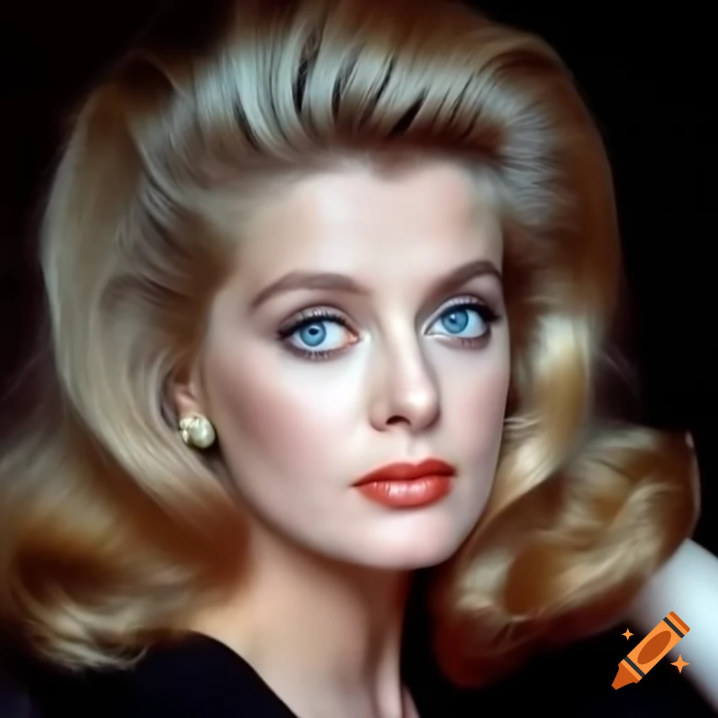 Hyper-realistic photograph of a beautiful European actress from 1963 with porcelain skin and wavy golden hair
