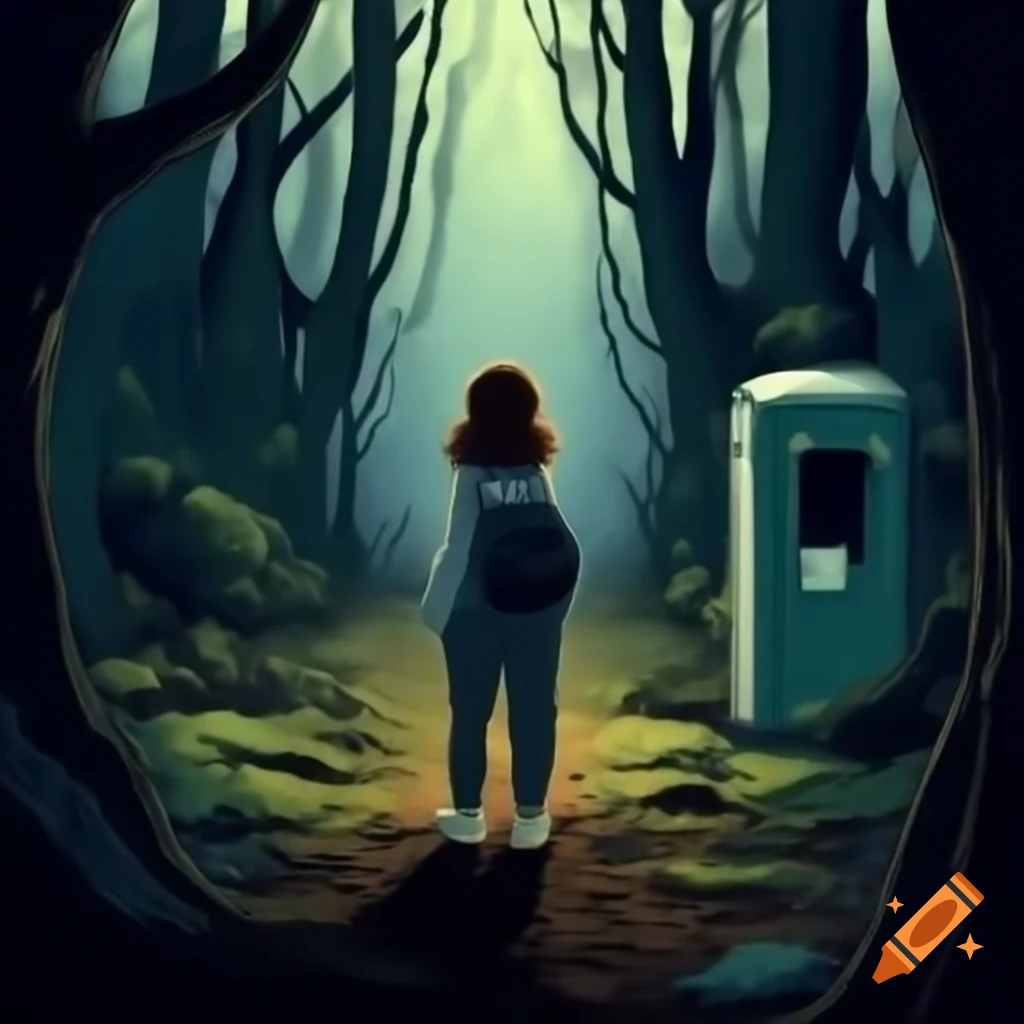 Woman in sweatpants looking down a spooky path in the woods with portable restroom