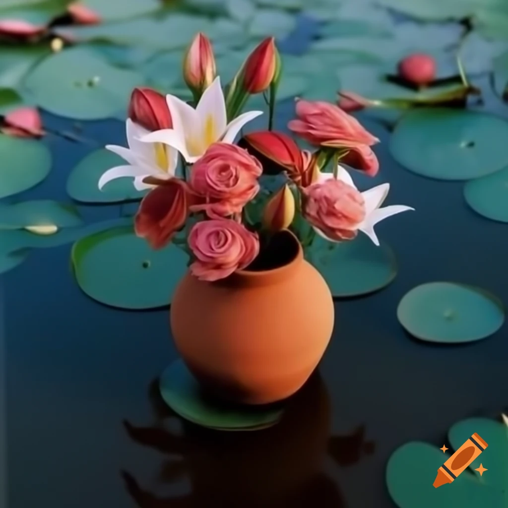 Terracotta vessel overflowing with roses, lilies, and lotuses