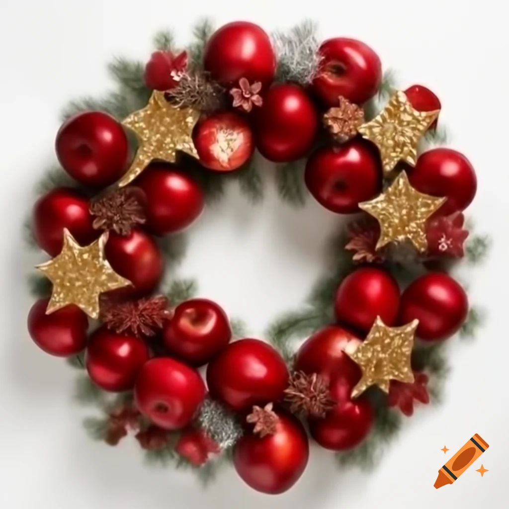 Christmas wreath adorned with glitter red apples and gold stars