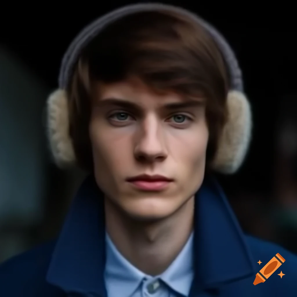 Close portrait of young suntanned European man in indigo blazer and earmuffs
