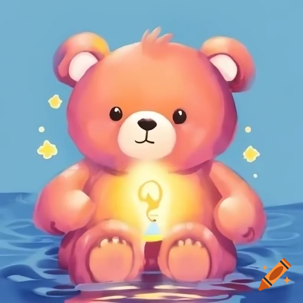Teddy bear holding light red heart in watercolor style with diffuse background