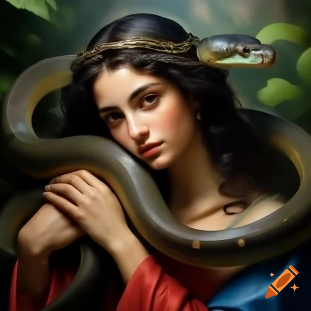 Virgin Mary Magdalene in lush garden with snake, wearing blue-red clothes