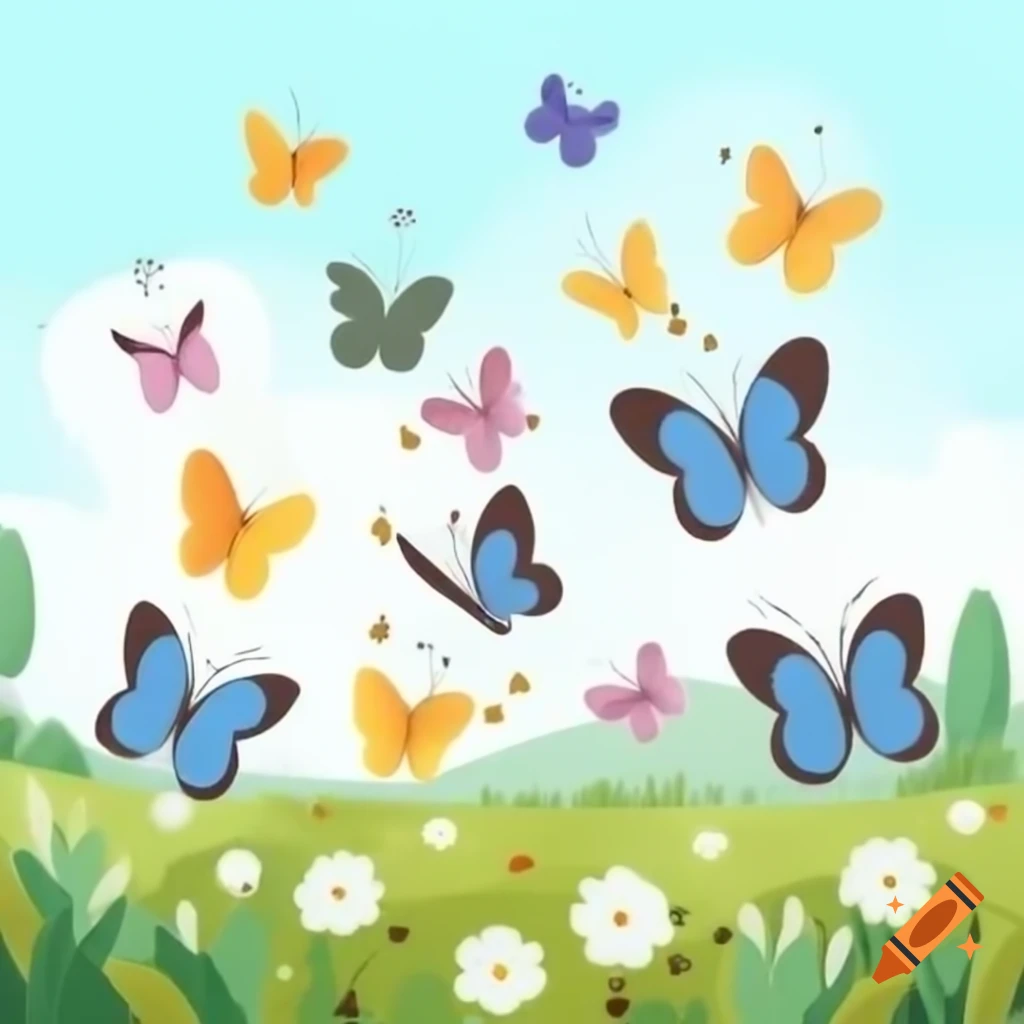 Group of butterflies flying over flower meadow