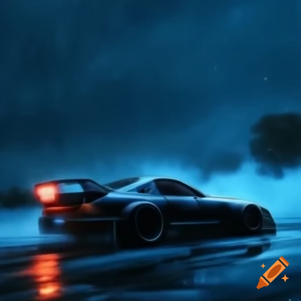 Drifting car in foreground with rain and wind effects in background