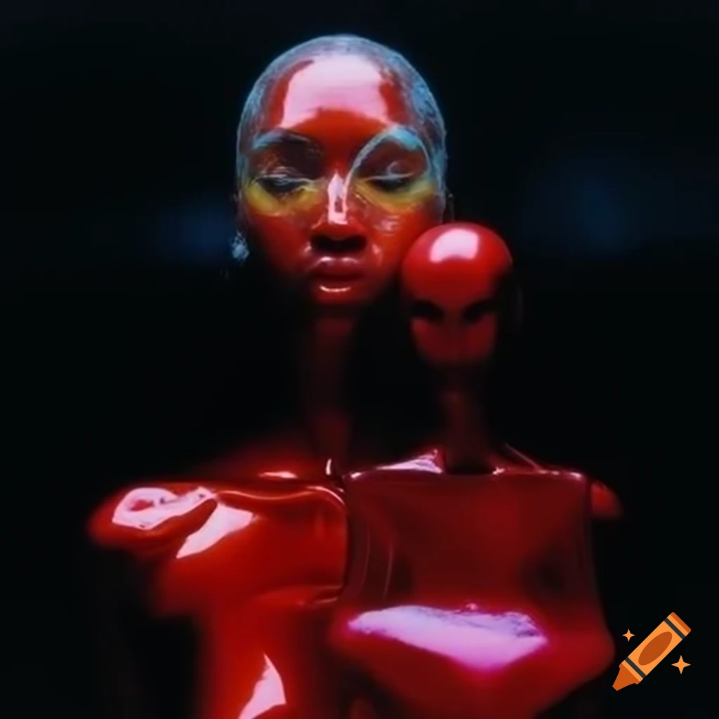 Iridescent red glass statue in pop surreal 2000's photography style