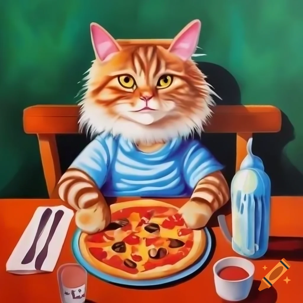 Fluffy cat eating pizza at table in colorful watercolor style