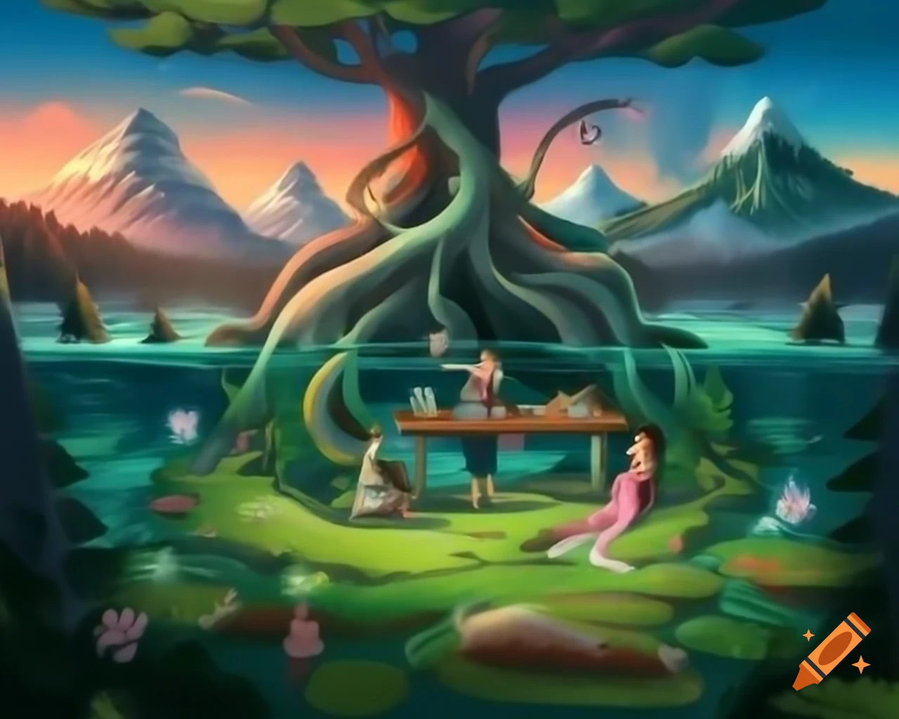 Surreal realm with porcelain fairy goddess on wooden table in enchanted forest