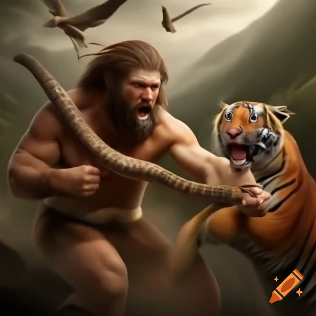 Caveman battling tiger with a snake in between