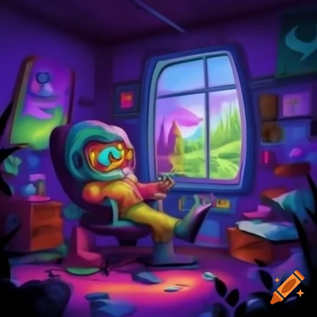Psychedelic psychologist in colorful room with windows overlooking forest