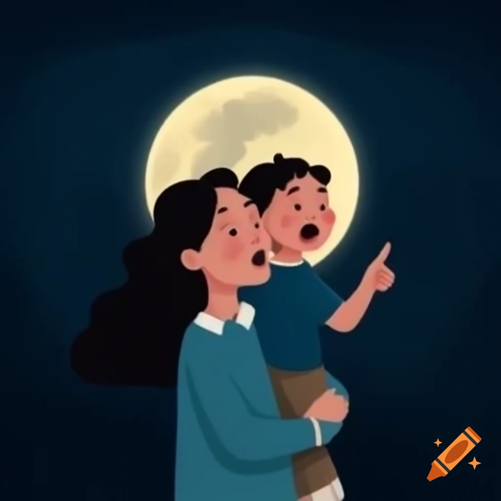Mother holding son pointing at the moon