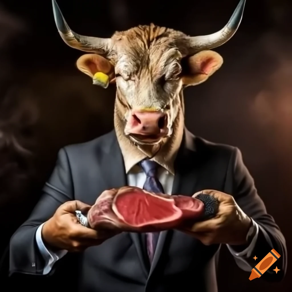 Bull in business attire holding a steak