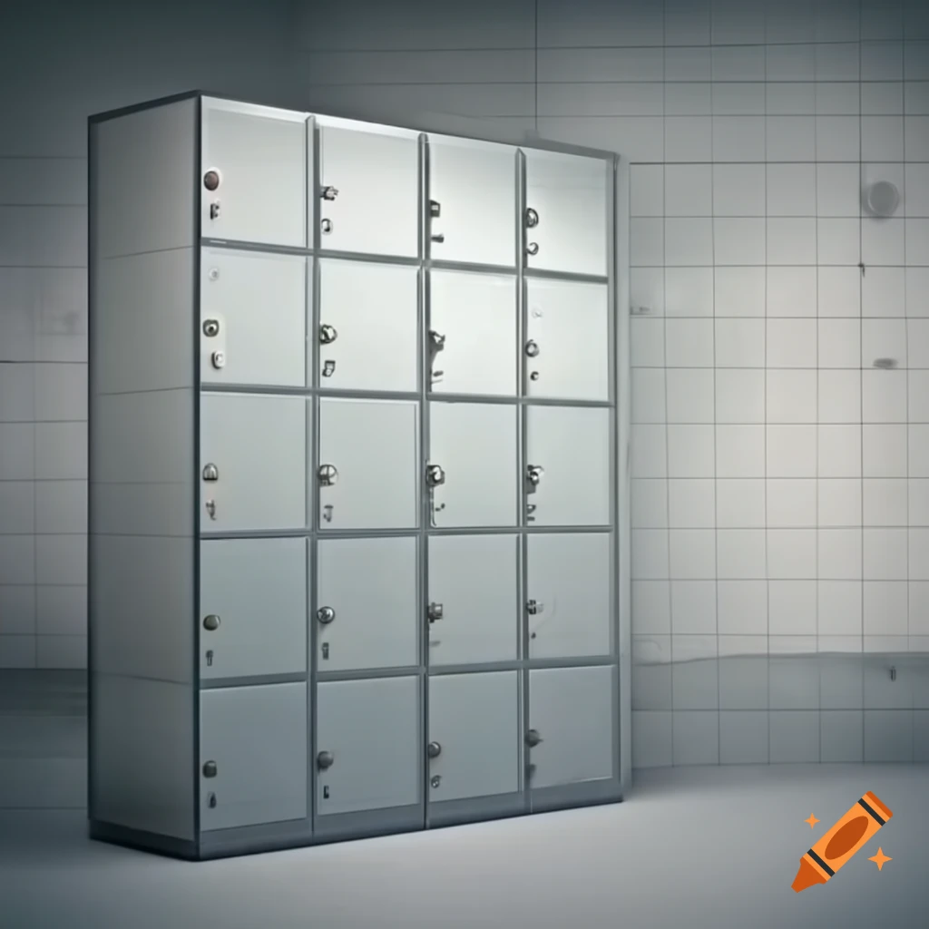 Metallic wall of stacked lockers with individual locks in changing room