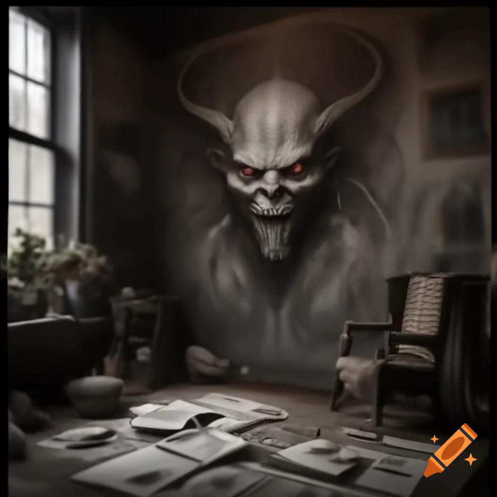 Scary house room with demonic drawings on the walls