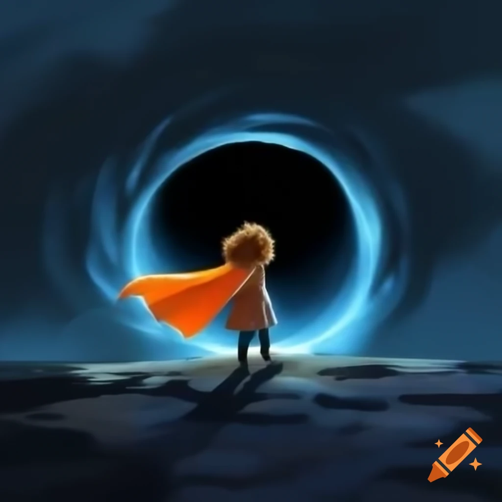 Child with glowing light and orange cape gazing at distant black hole