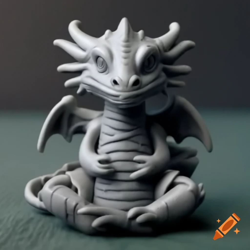 Unglazed grey clay dragon minifigure in lotus position