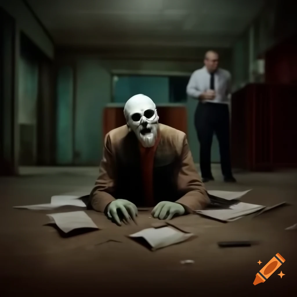 Horror ghoul in tattered clothes in abandoned hotel lobby with surprised man holding pen and papers