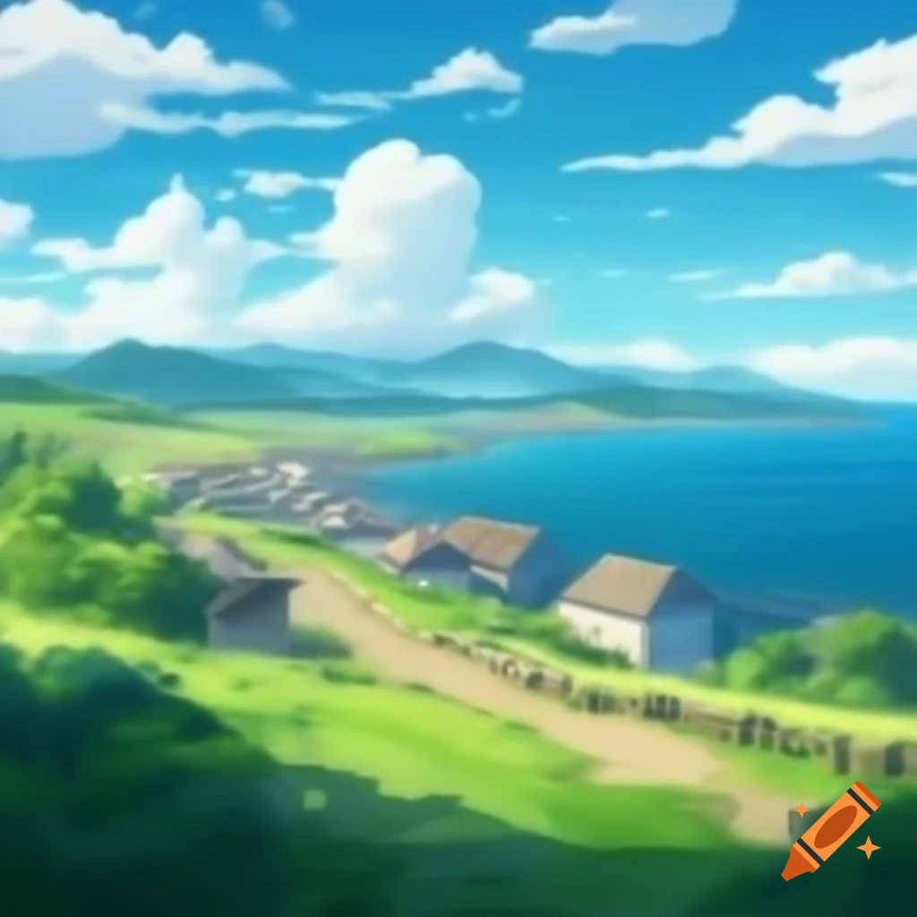 Anime inspired background of a quaint coastal village on craiyon