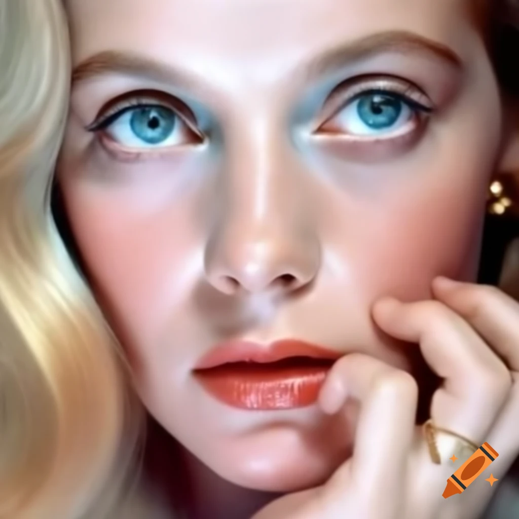 Hyper-realistic color photograph of a beautiful European actress from 1963 with porcelain skin and blue eyes