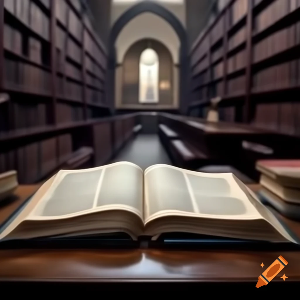 Old open holy book in ancient library filled with old tomes