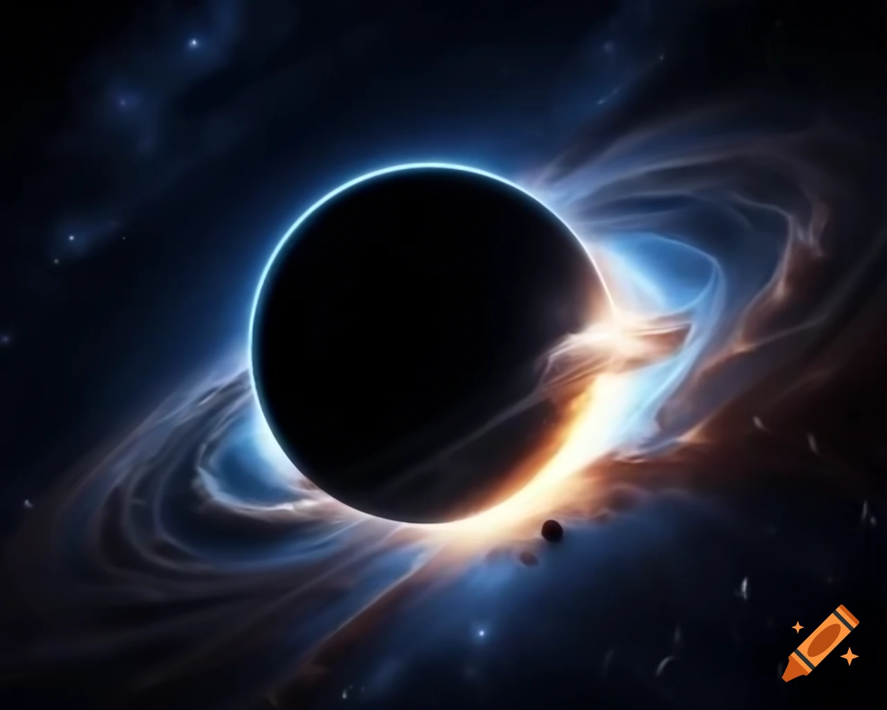 Realistic black hole in star-filled space with artistic lens flare