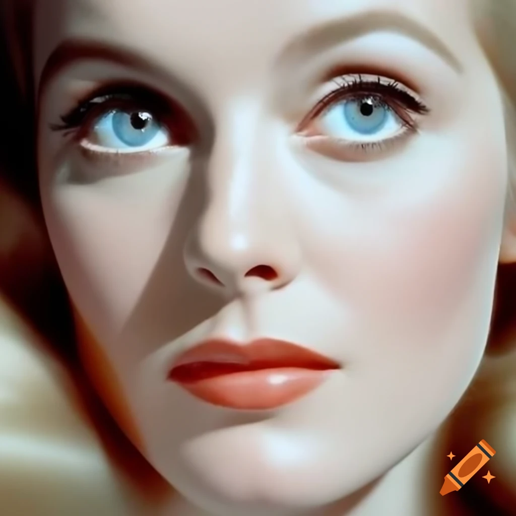 Hyper-realistic photograph of a charming European actress from 1963 with porcelain skin and wavy golden hair