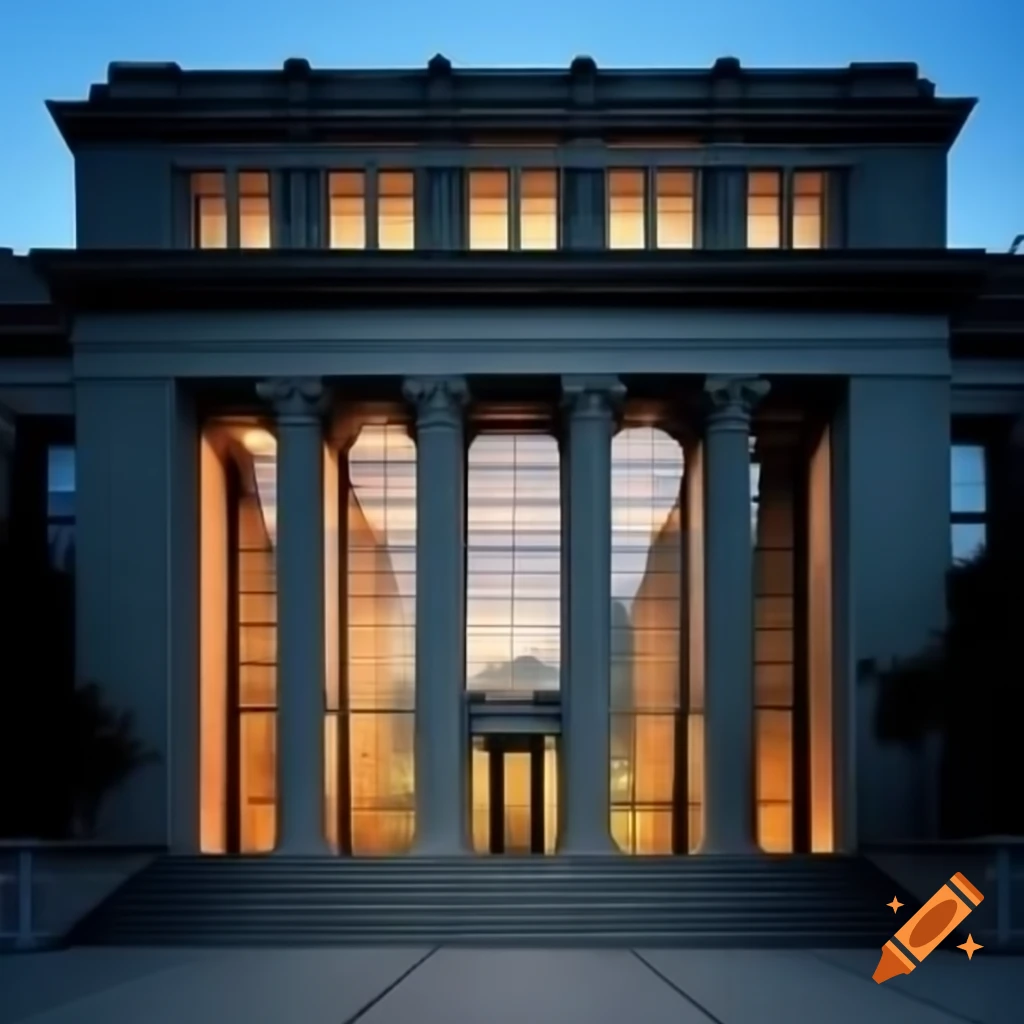 Modern neoclassical museum of paleontology featuring glass and square columns
