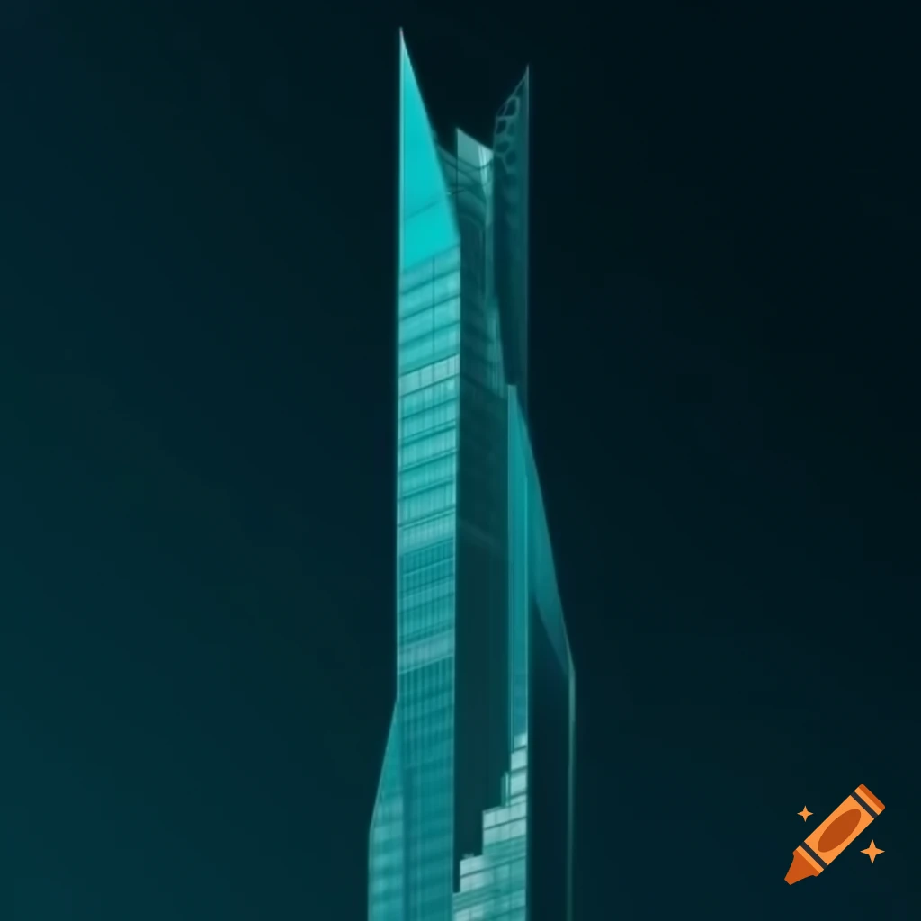 Futuristic corporate building in teal against dark background