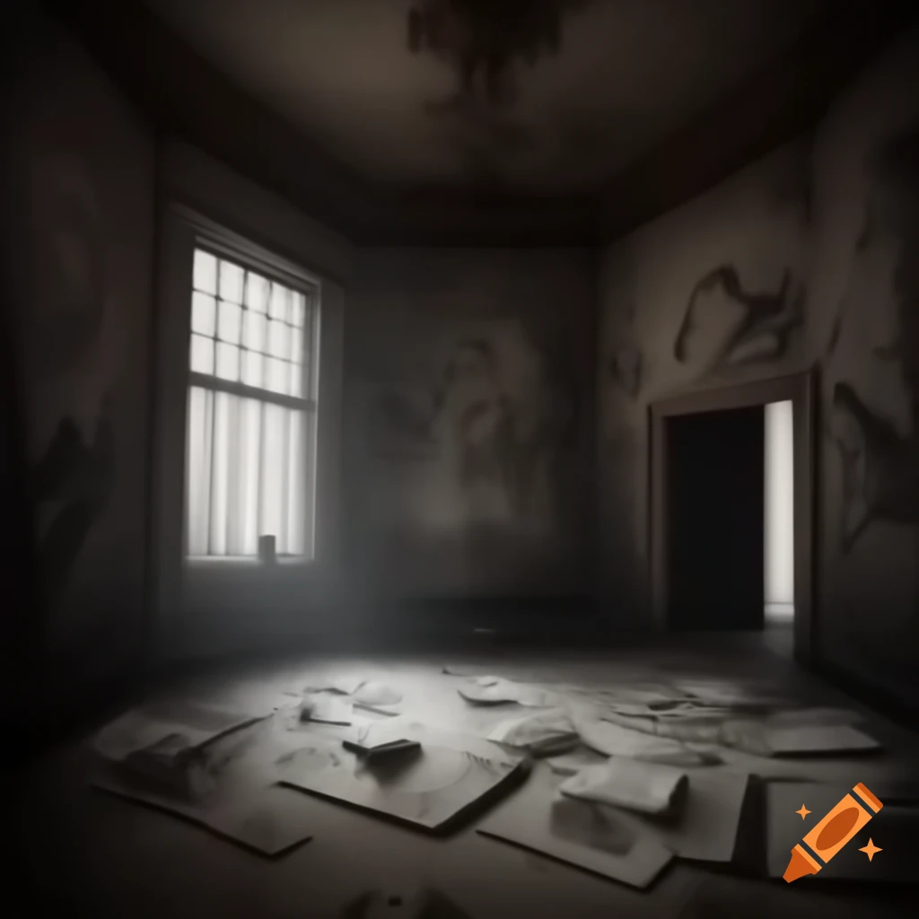 Realistic scary house interior with demonic drawings on walls