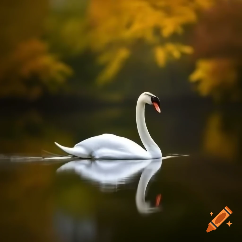 Lonely swan on pond surrounded by autumn yellow foliage in rain
