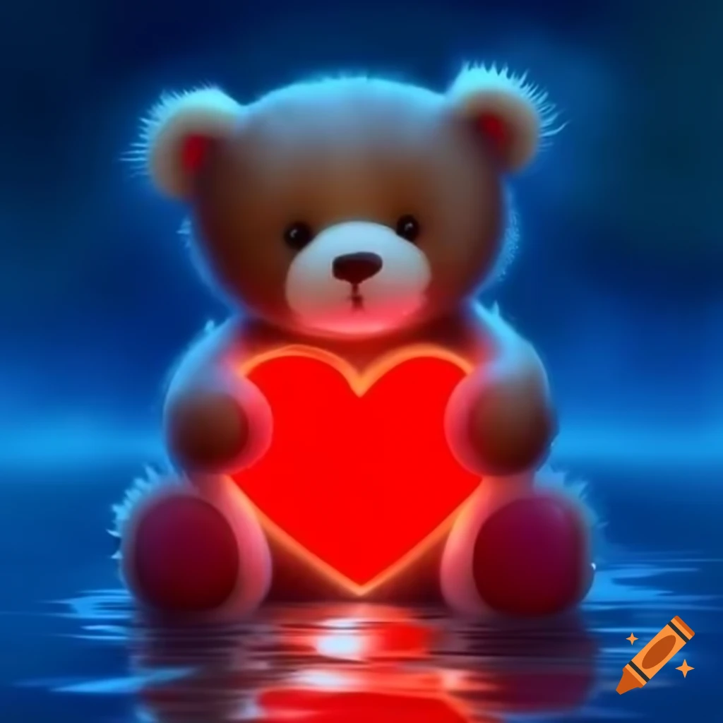 Teddy bear holding light red heart in watercolor style with diffuse background