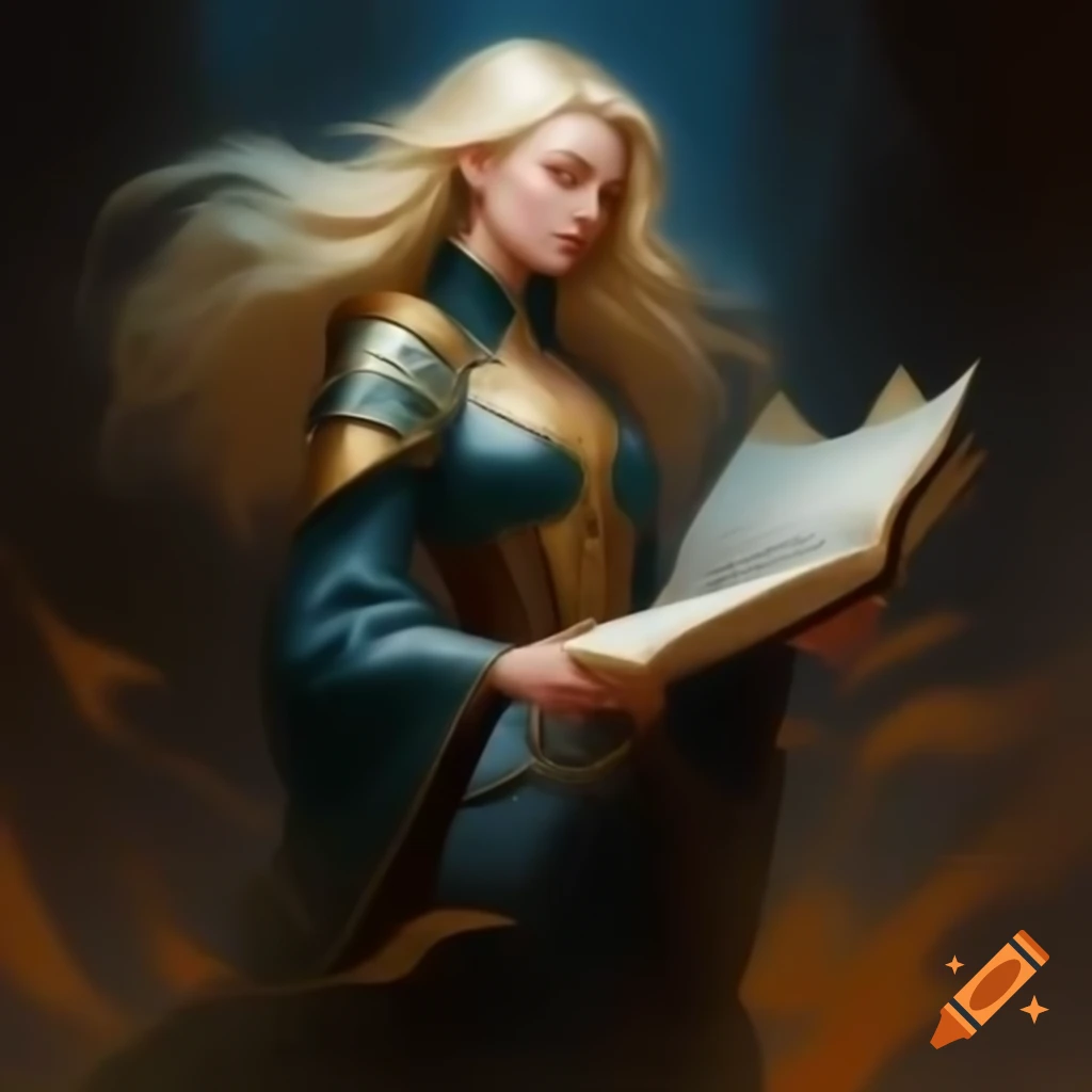 Woman with long blonde hair reading mystical scroll in dark fantasy setting
