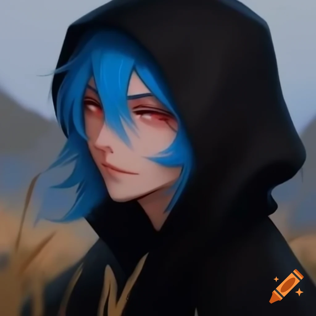 Feminine man with azure hair and grassy eyes wearing a black hooded poncho
